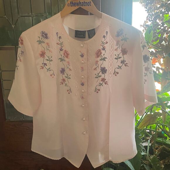 Vintage Laura Scott Pink Floral Blouse 90s Embroidered Pearl Button Top Sz 12 - Picture 5 of 17